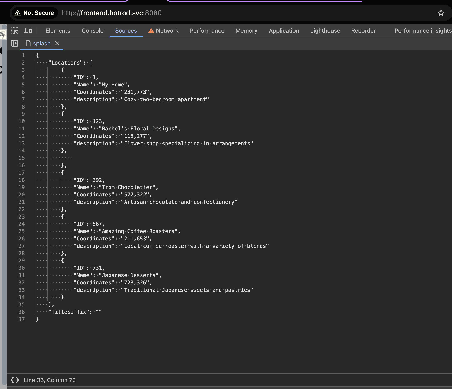 HotROD frontend response in Chrome DevTools showing location entries that include the new description field
