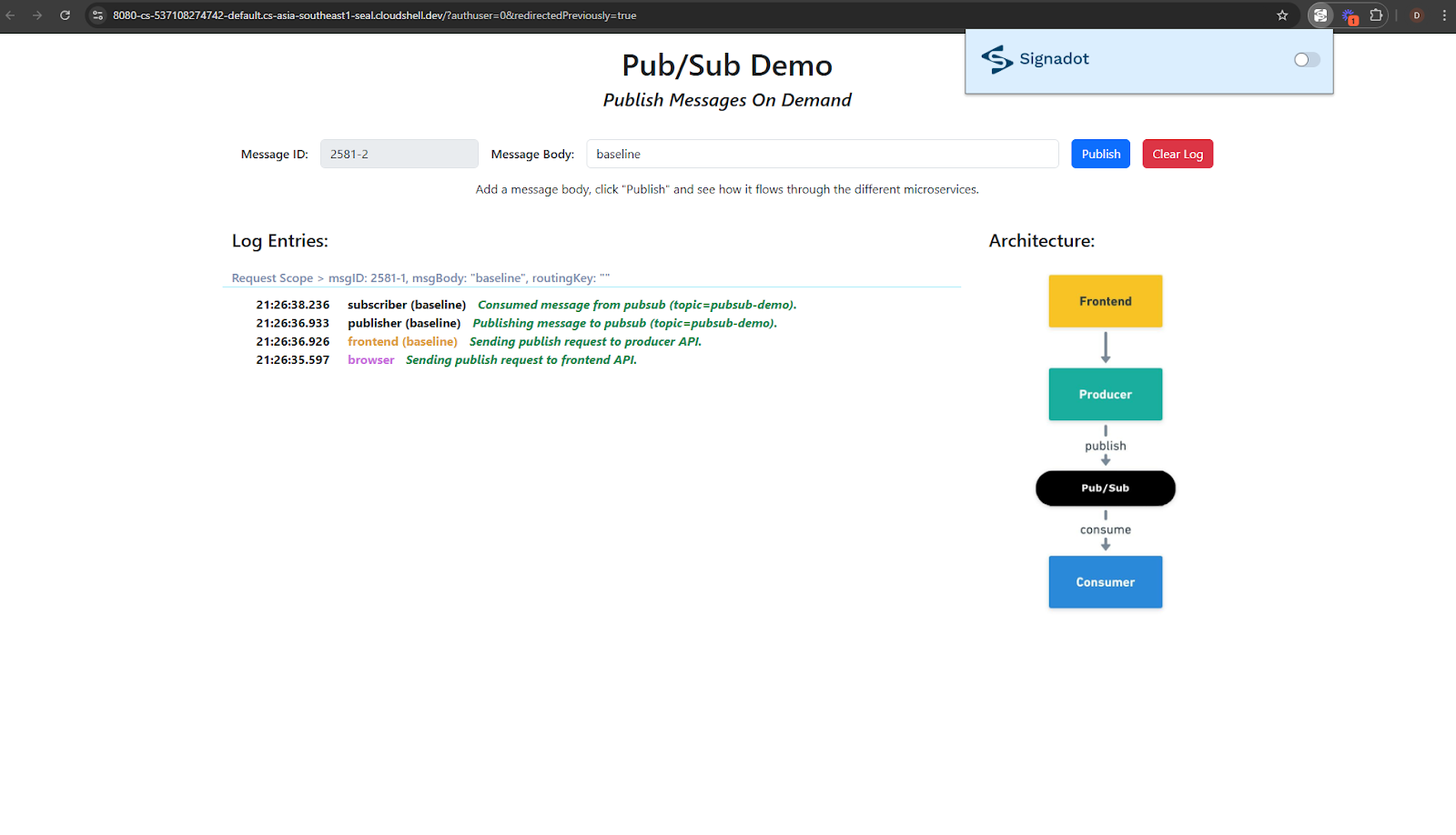 Pub/Sub demo frontend showing a baseline message consumed by the baseline subscriber with an empty routing key