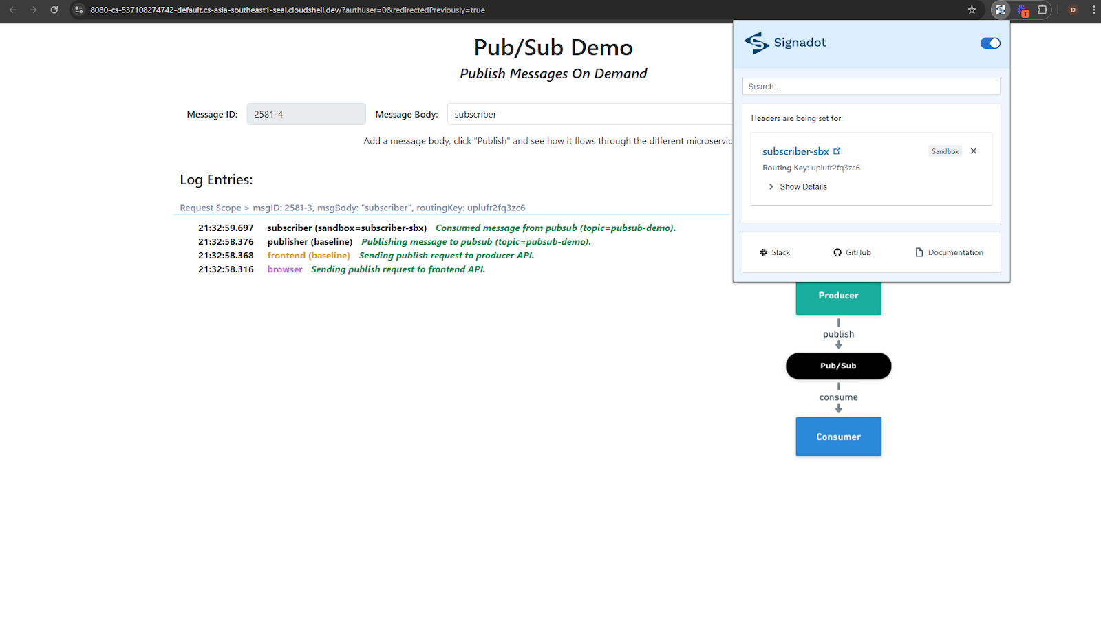 Pub/Sub demo with the Signadot extension set to the subscriber-sbx sandbox, showing the sandboxed subscriber consuming the message with a routing key