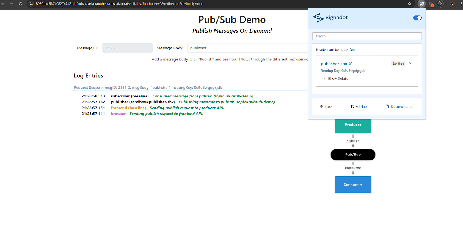 Pub/Sub demo with the Signadot extension set to the publisher-sbx sandbox, showing the sandboxed publisher's message consumed by the baseline subscriber